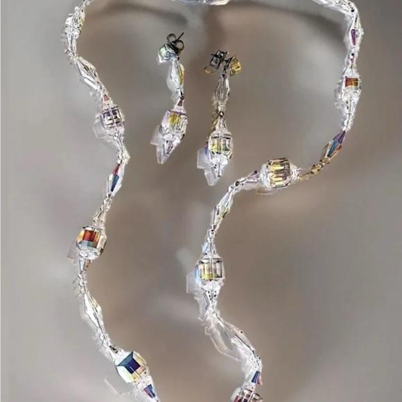VINTAGE CUT CHRYSTAL NECKLACE AB GEOMETRIC FACETED BEAD + EARRING SET SQUARE 27” - Picture 1 of 8